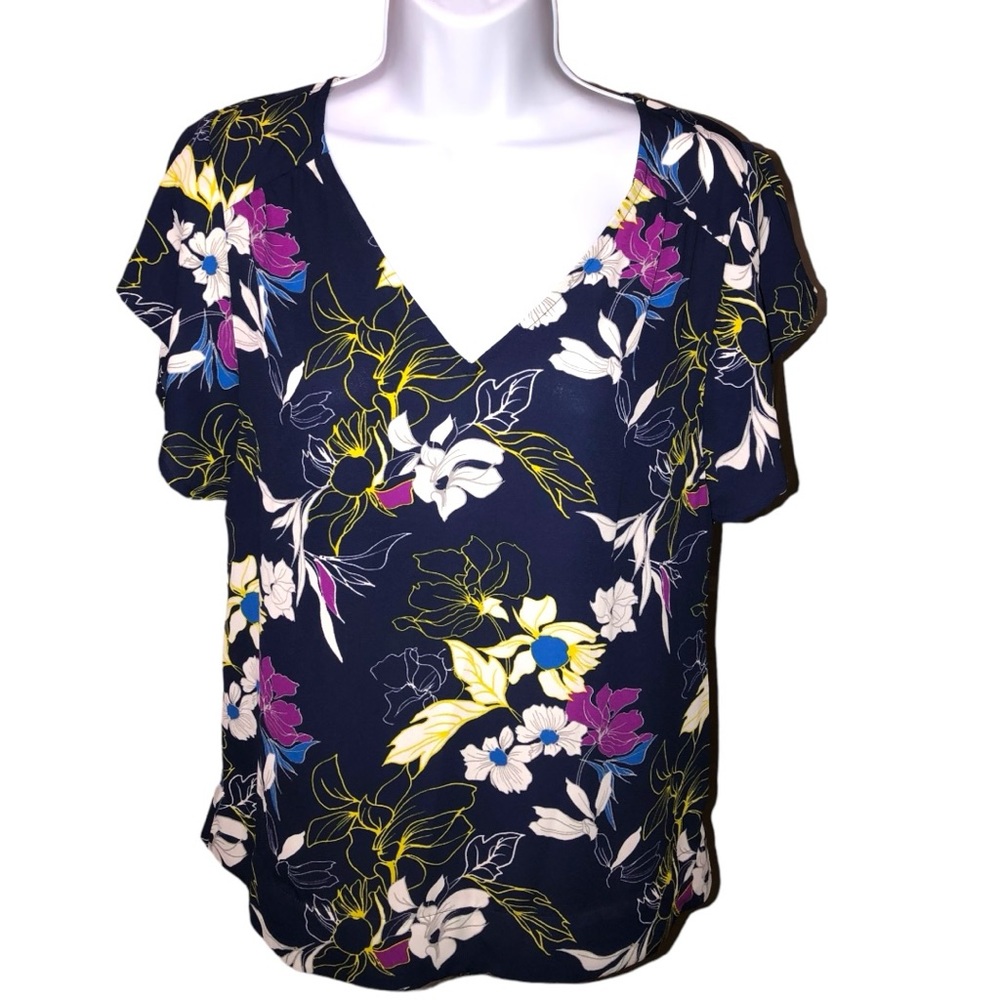 Women’s Halogen Navy Floral Short Sleeve Blouse Top - XS